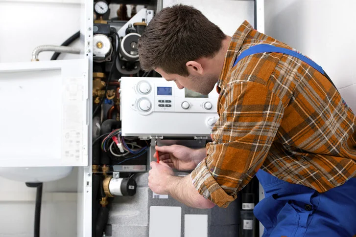 HVAC technician repairing a residential boiler