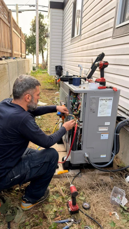 Technician servicing an outdoor heat pump